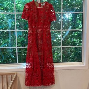 Self-Portrait red guipure midi dress